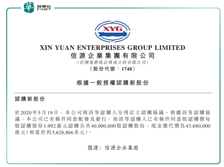 信源企业集团拟折让约13.67%发行8800万股认购股份 净筹约1.05亿港元